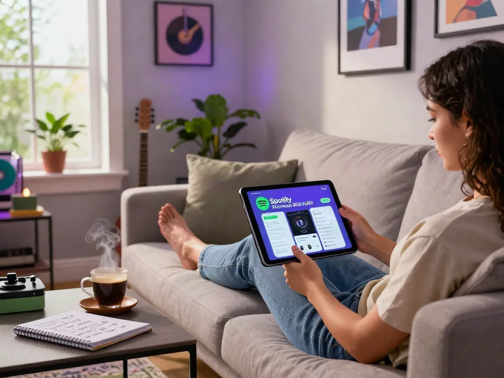 Cozy living room with a person browsing Spotify Premium MOD APK download, emphasizing a creative music experience.