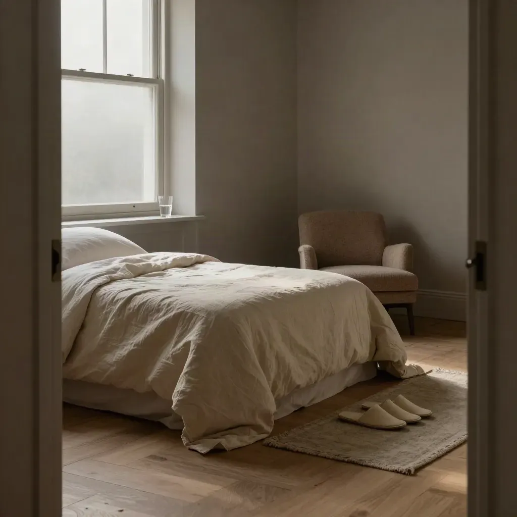 Slaapkamerhoek met opgemaakt bed, linnen dekbed, waterglas, stoel en slippers in zacht nachtlicht.