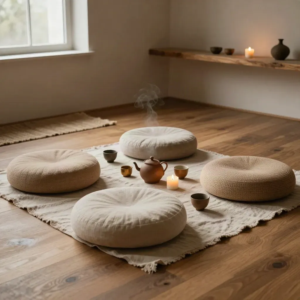 Vier meditatiekussens met theekopjes en kaarsen in een rustige workshopruimte.