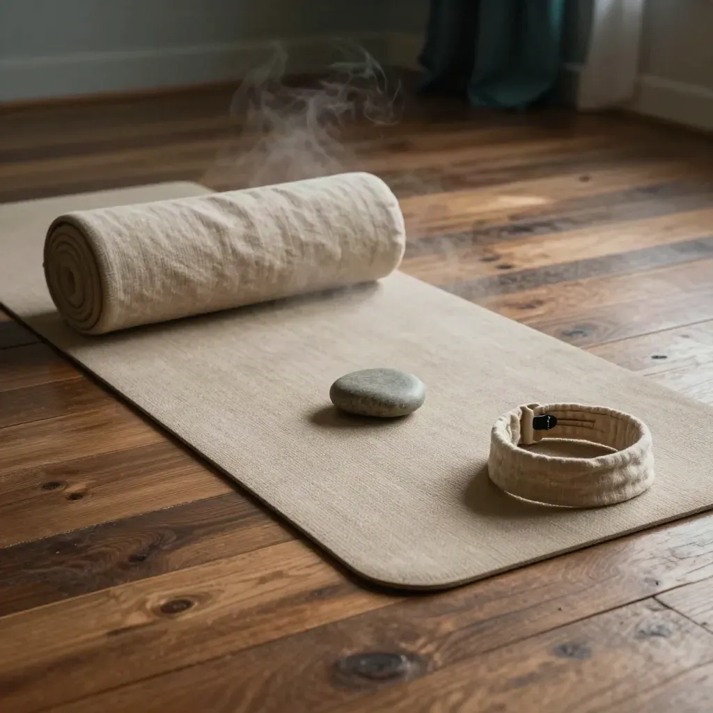 Yogamat met bolster, ademsteen en hoofdband op houten vloer in een stille, mistige ruimte.