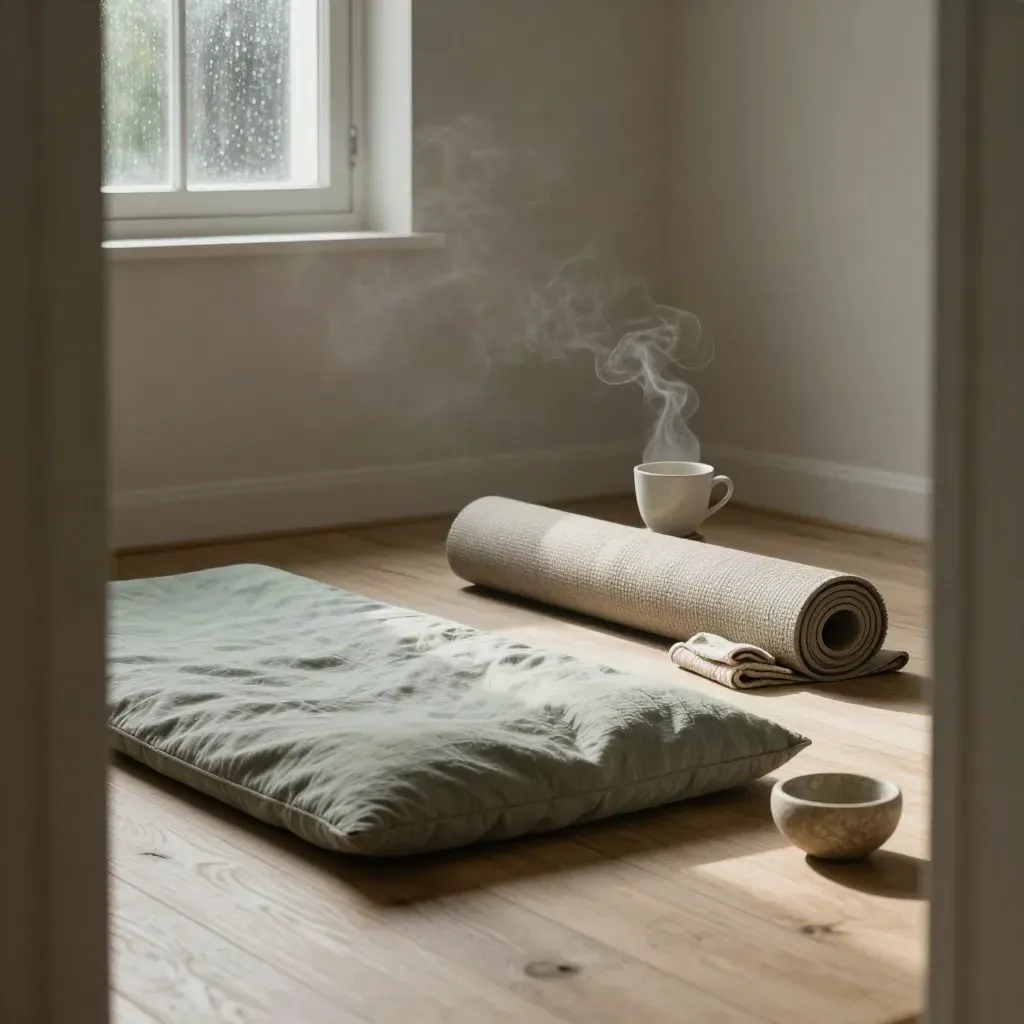 Serene coachingruimte met meditatiekussen, ademwerkmat, theekop en ochtendmist.