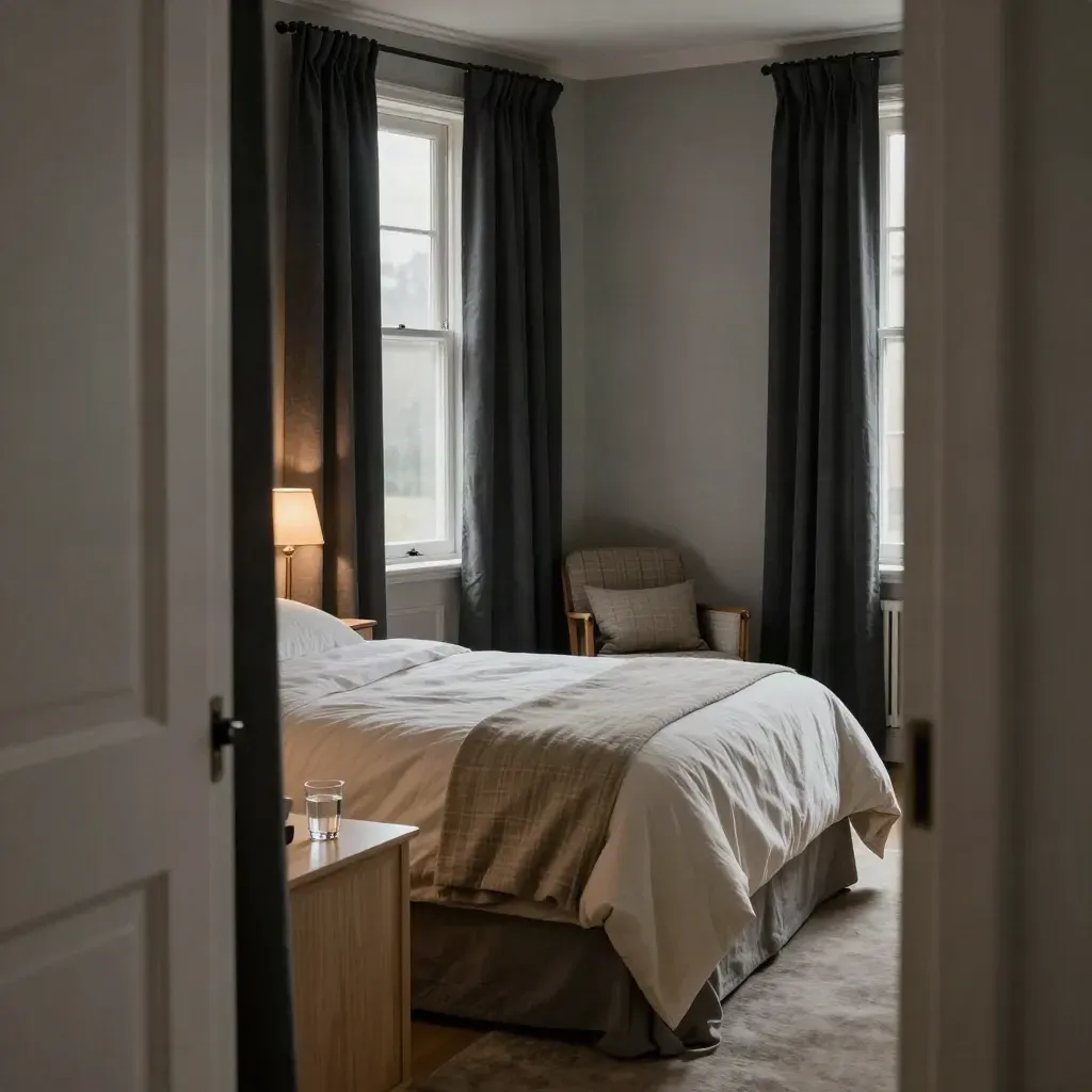 Rustige slaapkamerhoek met opgemaakt bed, waterglas, stoel met plaid en donkere gordijnen.
