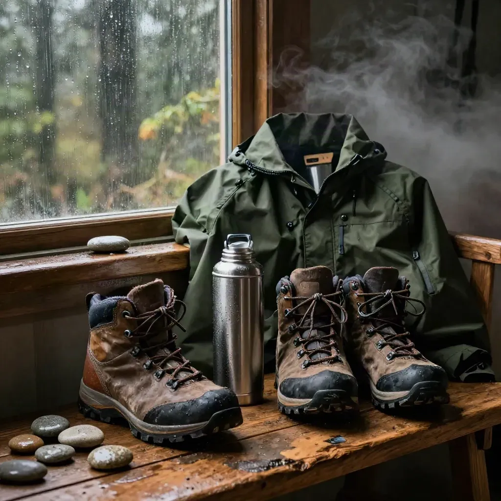 Regenkleding, wandelschoenen, thermos en stenen op een bankje bij een raam.