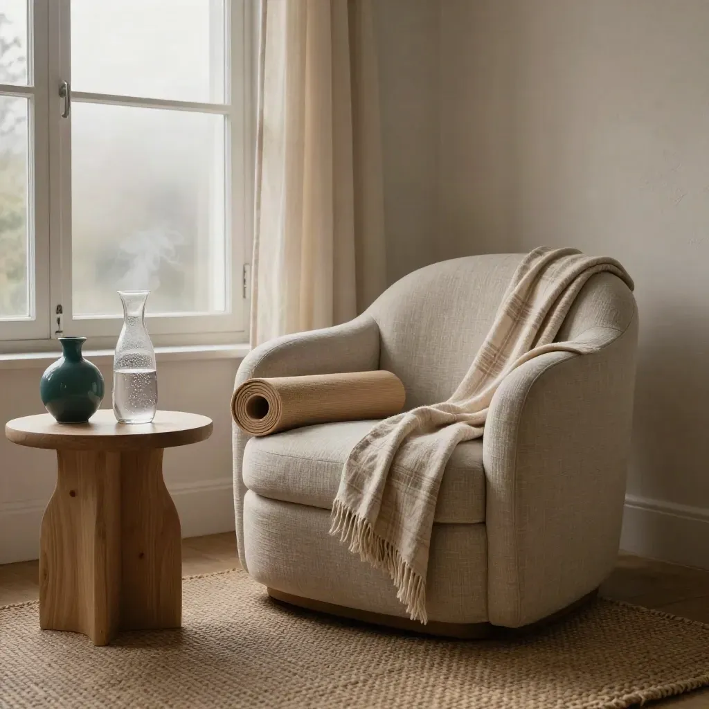 Herstelde ochtendhoek met plaid, waterkaraf, yogamat en open gordijn in zacht licht.