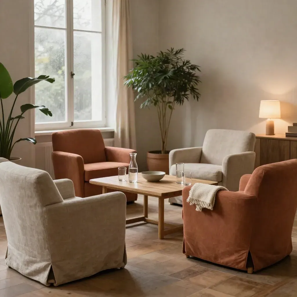 Hergevormde teamlounge met fauteuils, planten en waterkaraffen in warm middaglicht.