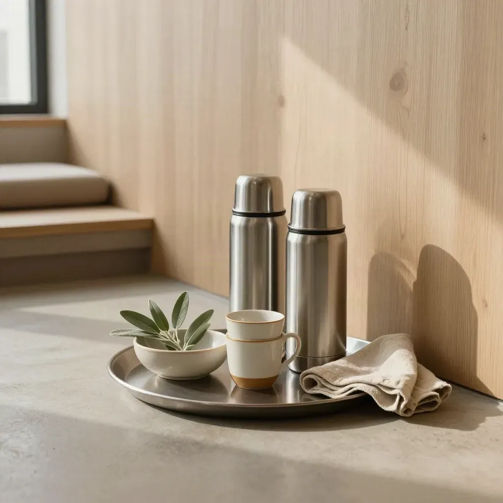 Stille pauzeruimte met thermoskannen, kopjes, banken en een plantenschaal in warm licht.