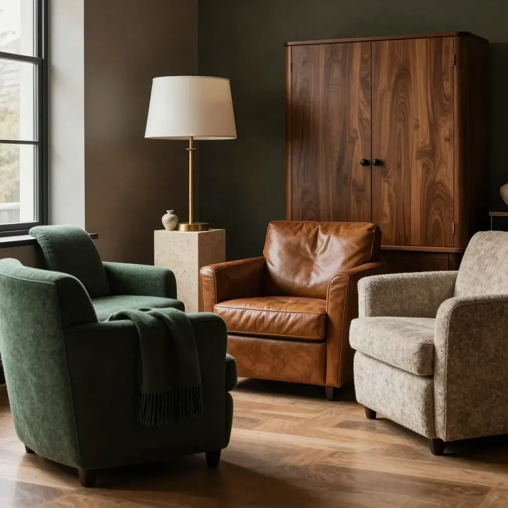 Drie fauteuils, een lage lamp en een gesloten kast in een rustige coachinghoek met warm licht.