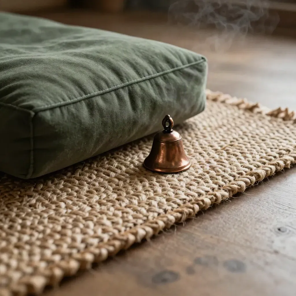 Meditatiekussen, koperen bel en jute mat in zachte kruidenwaas van dichtbij.