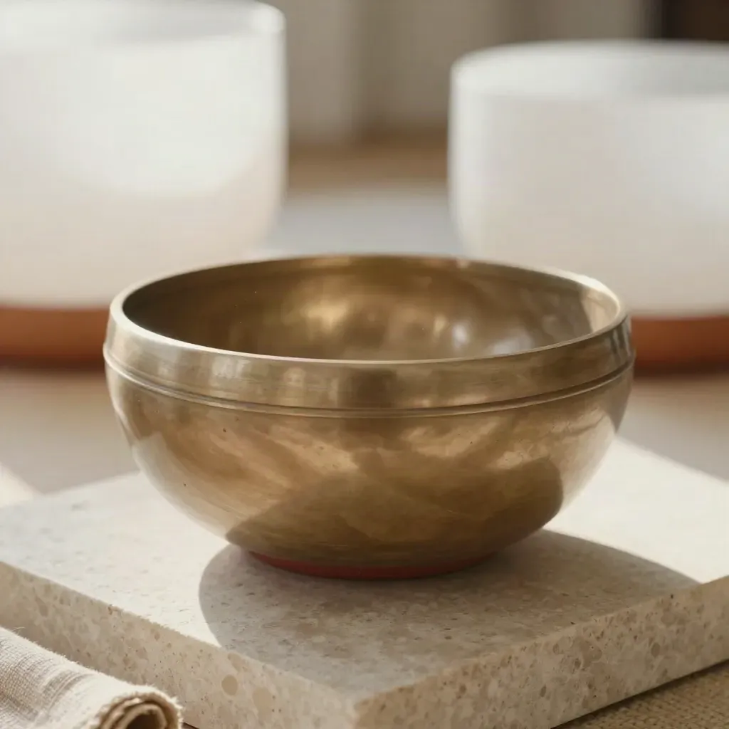 Glanzende singing bowl, ademsteen en linnen band op travertin met zacht licht en stofdeeltjes.