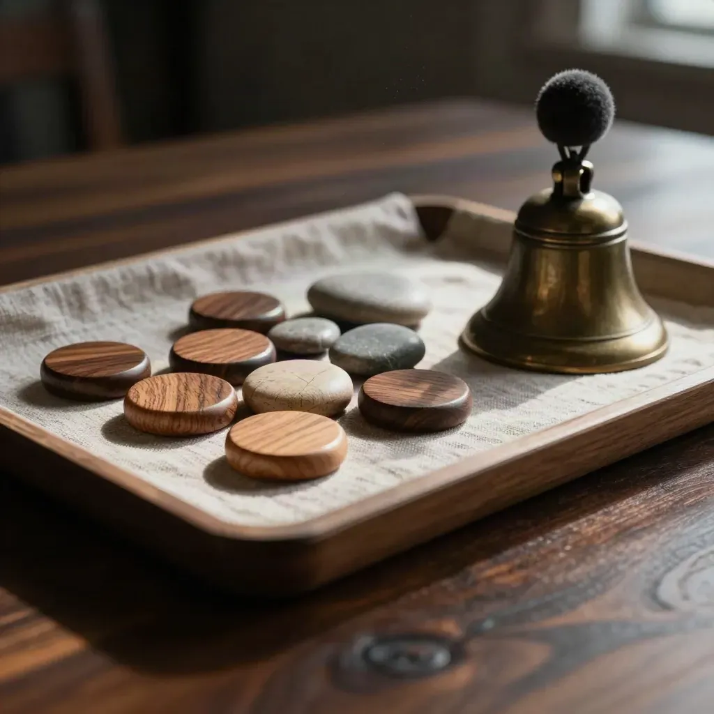 Facilitator-set met houten tokens, gladde keien en een stille bel op donker hout.