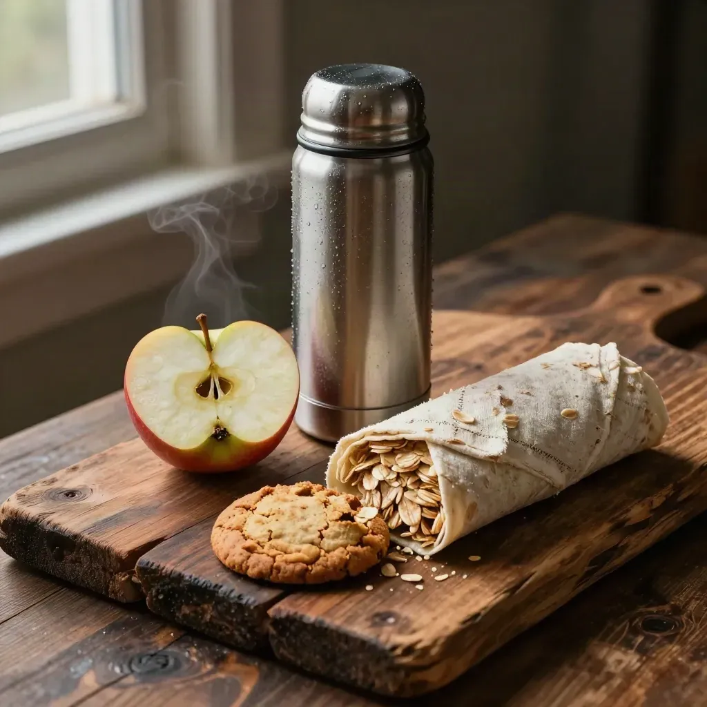 Stevige herstel-snack met appel, haverkoek en thermos op ruwe houten plank in koel buitenlicht.