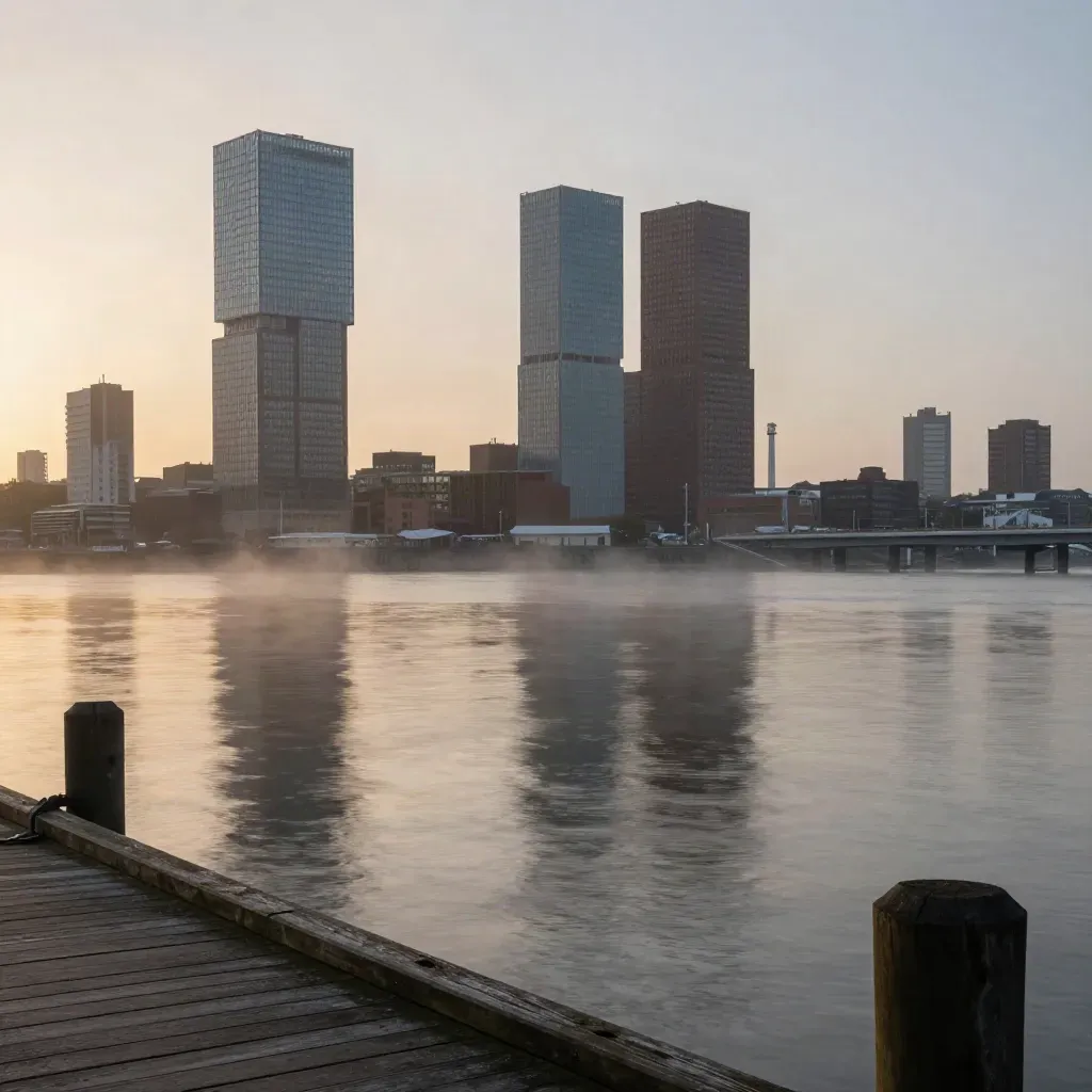 Rotterdamse skyline aan de rivier in avondmist, met zachte reflecties en veel rustige ruimte.