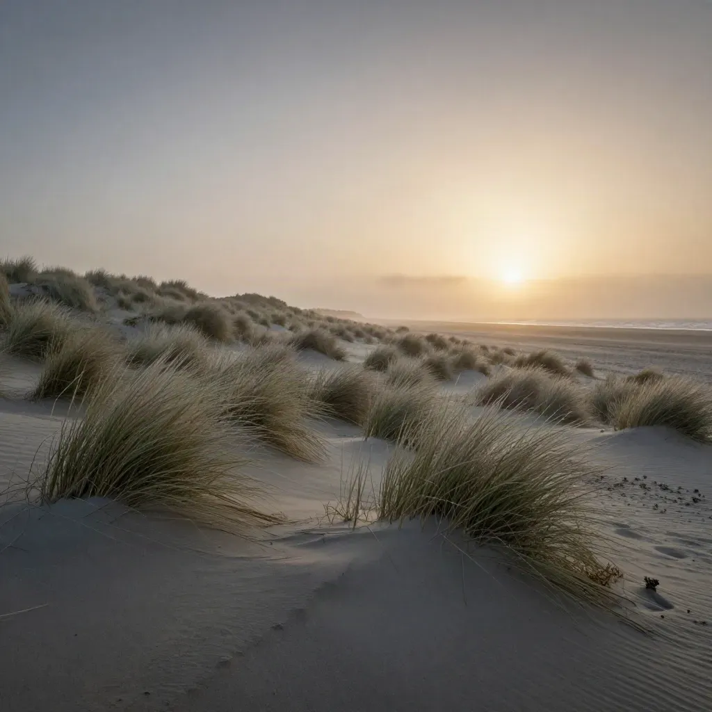 Bloemendaalse duinen met helmgras in avondmist en laag zonlicht boven de kust