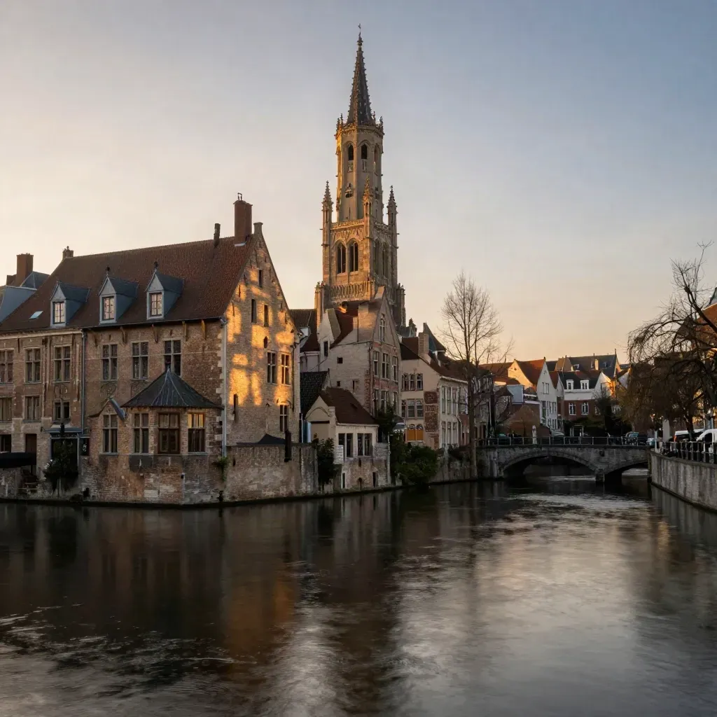 Domtoren boven stille Utrechtse grachten en bakstenen daken in warm avondlicht