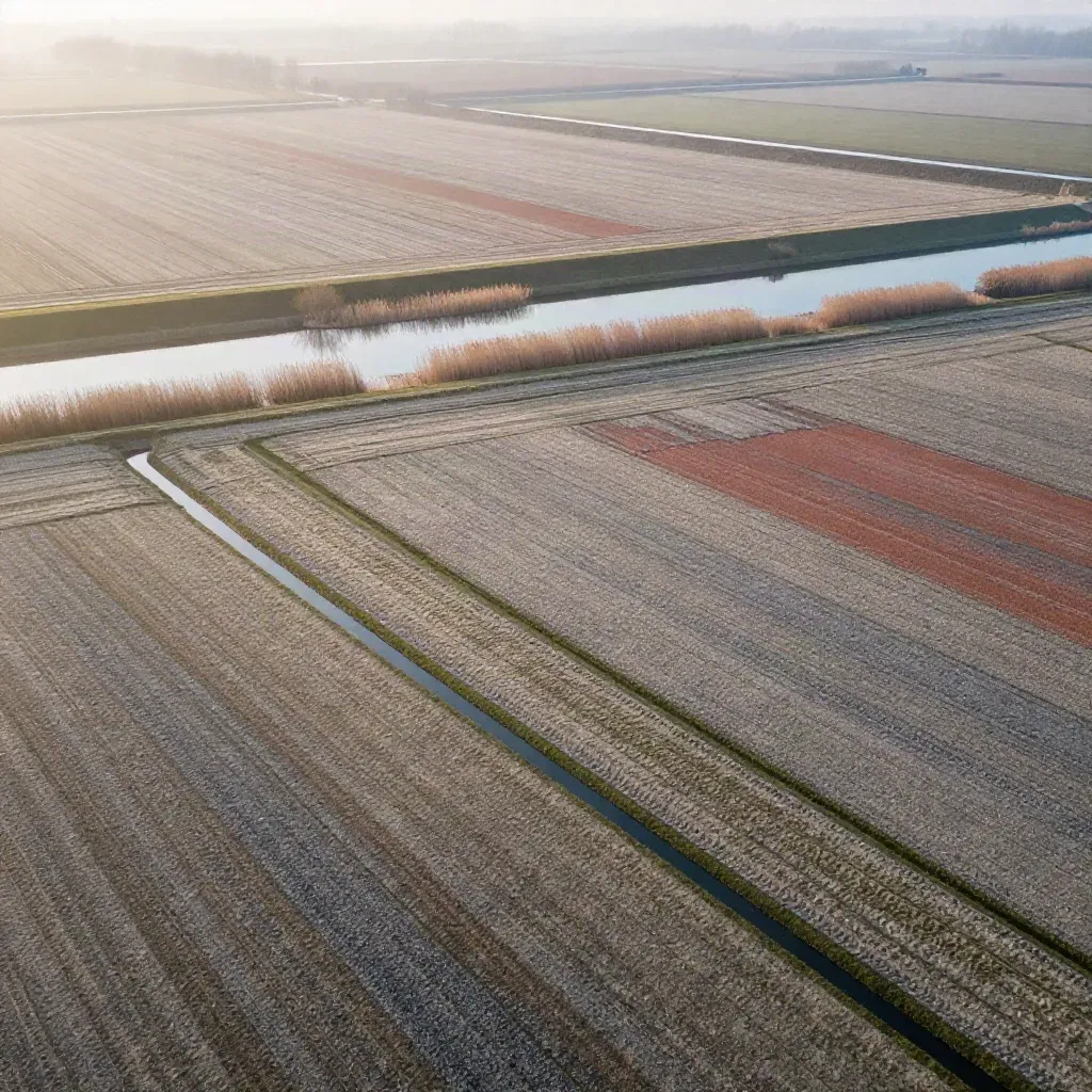 Luchtfoto van polders, sloten en een dijk in zachte nevel en rustig ochtendlicht.